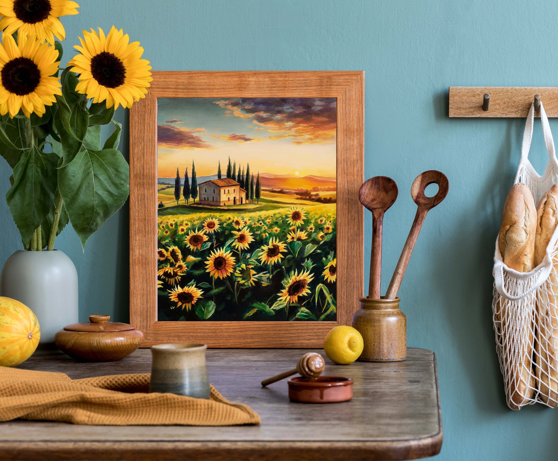 Cuadro al óleo de un paisaje de campo de girasoles en la Toscana al atardecer - 5