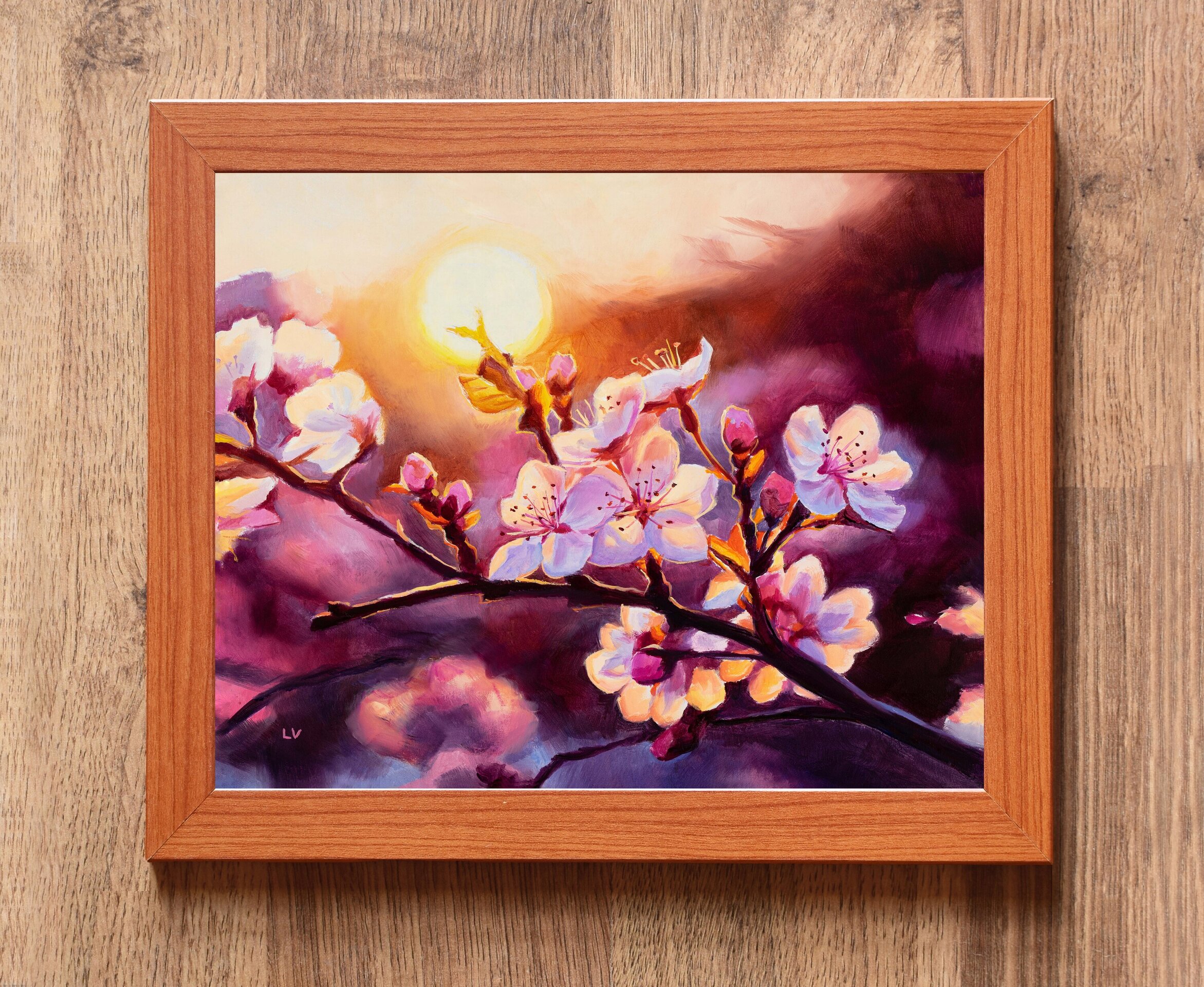 Pintura al óleo de cerezos en flor al atardecer, Cuadro floral rosa botánico - 3
