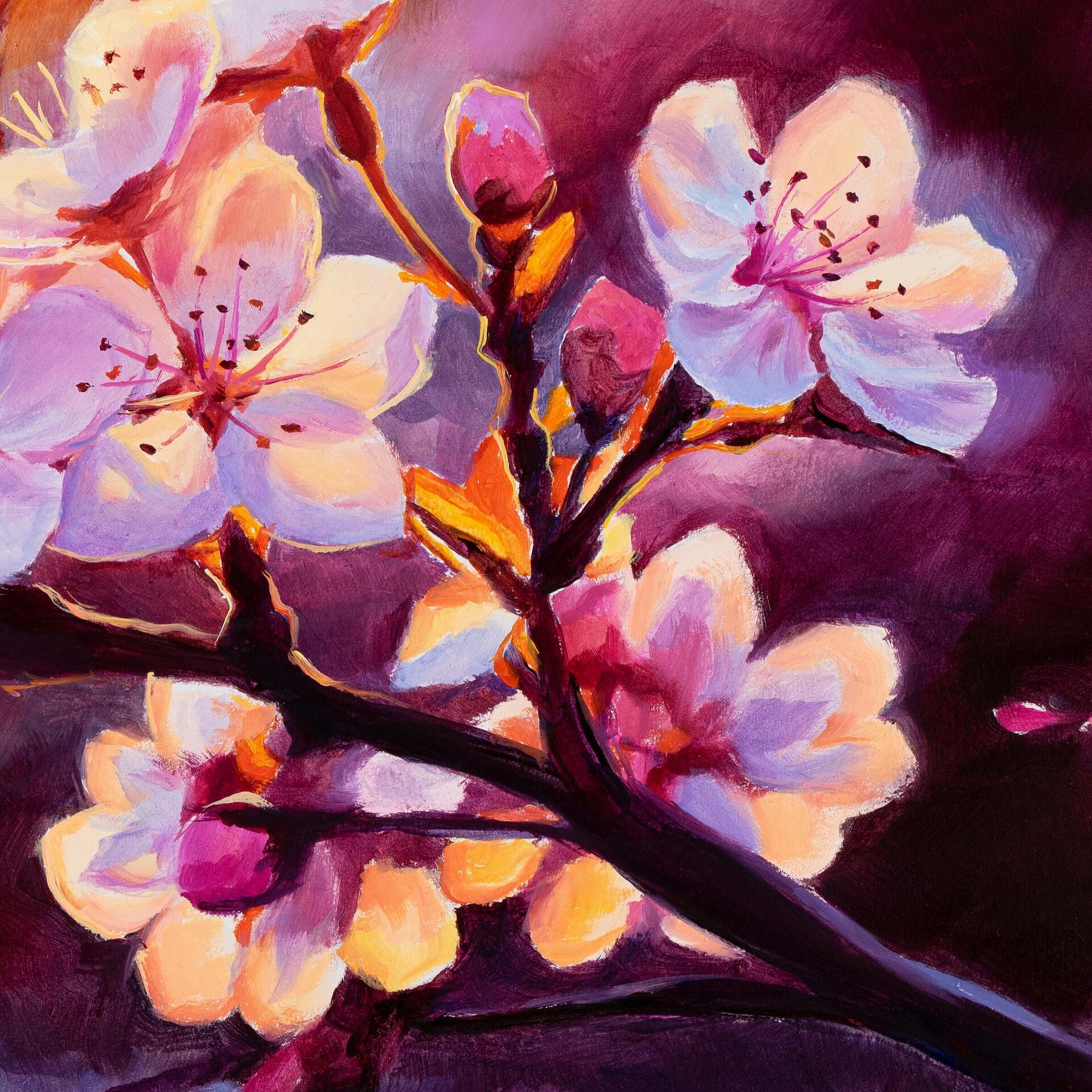 Pintura al óleo de cerezos en flor al atardecer, Cuadro floral rosa botánico - 10