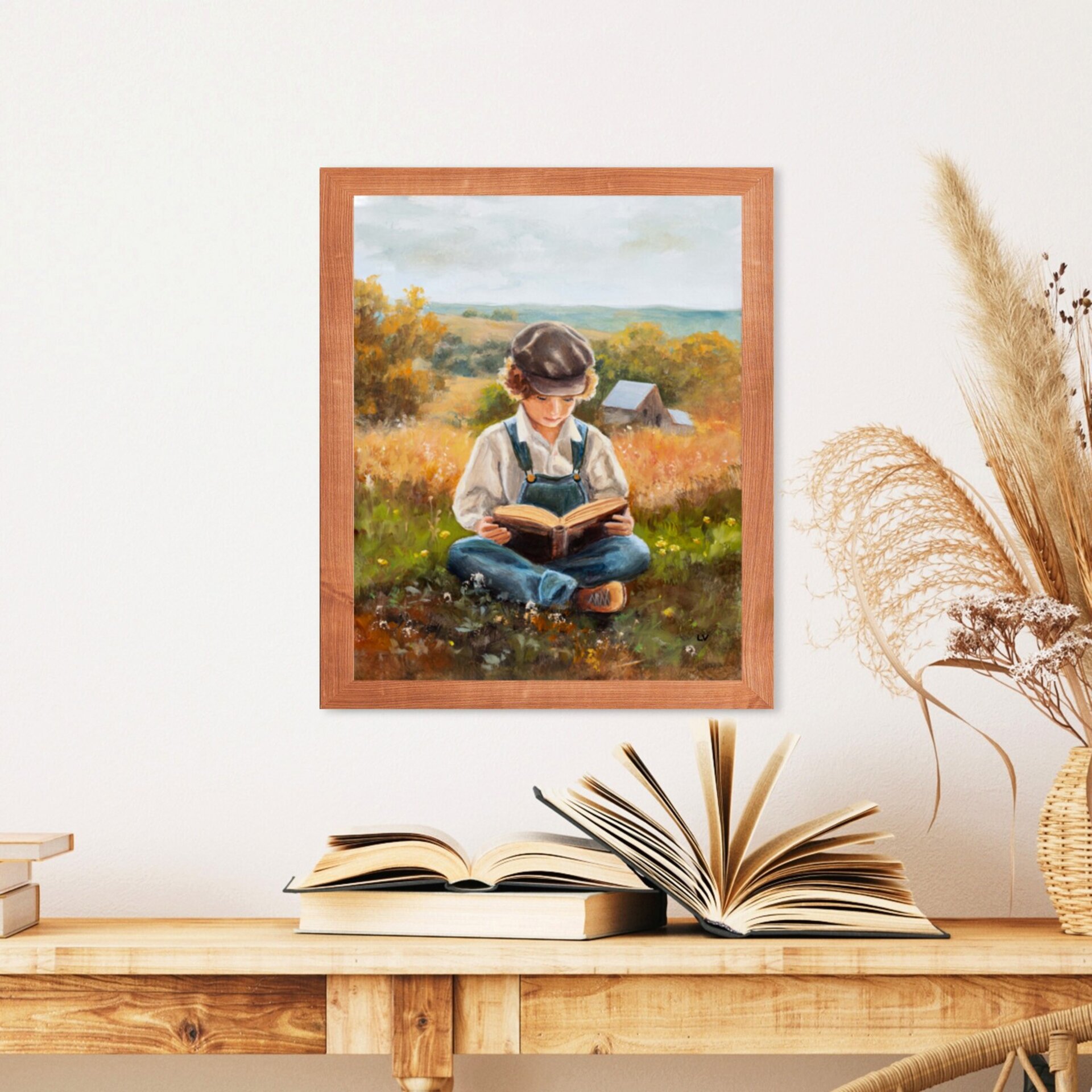 Pintura de niño campesino en la granja con un libro. Nostalgia de vida campestre - 6