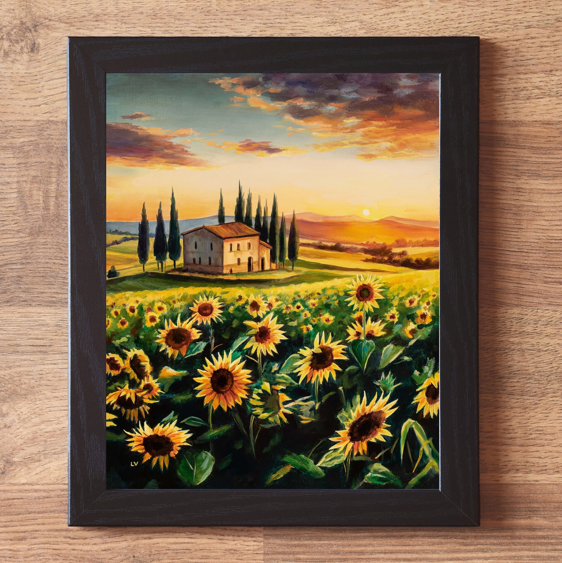 Cuadro al óleo de un paisaje de campo de girasoles en la Toscana al atardecer - 2