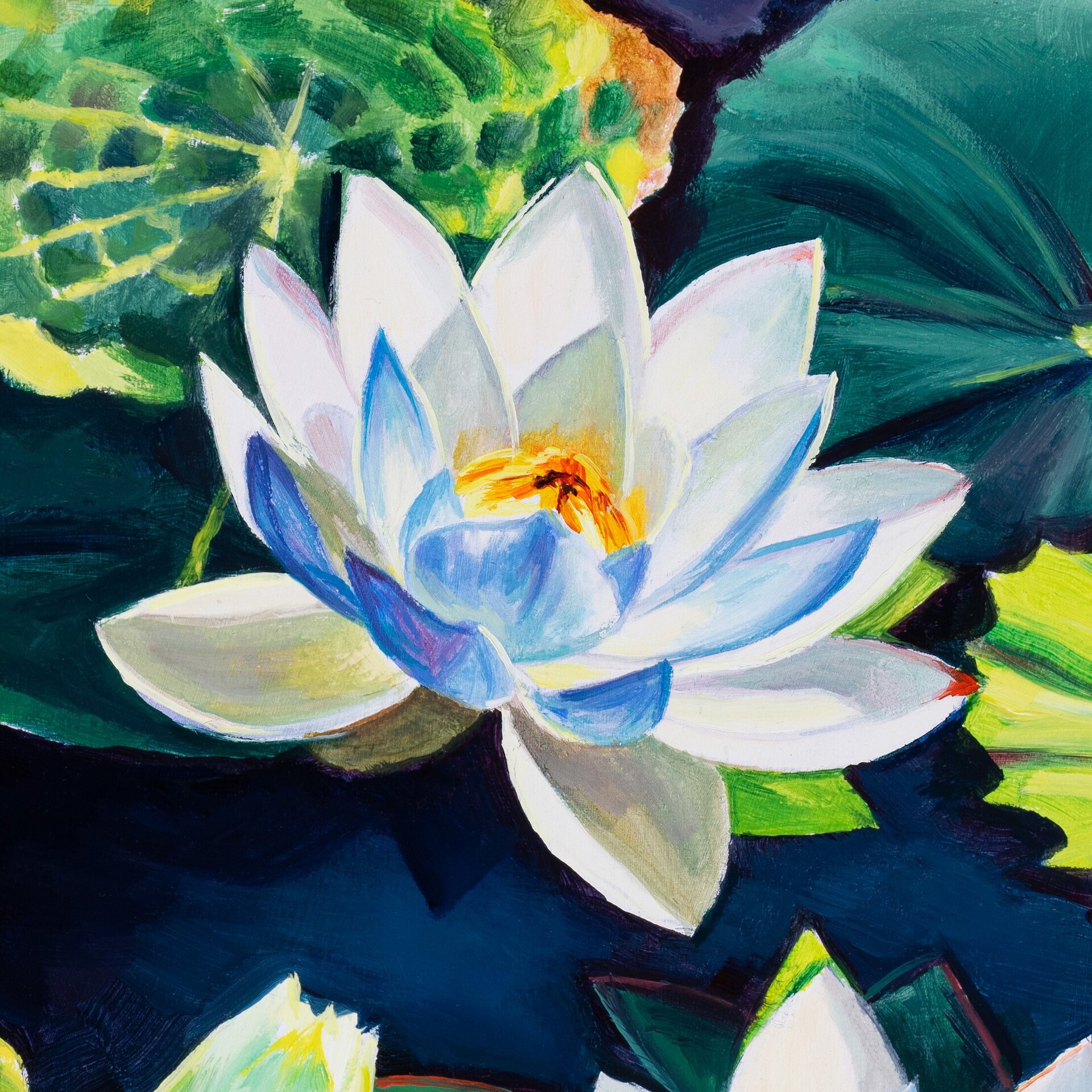 Flores de nenúfar blanco sobre el agua del estanque, Cuadro flores de loto óleo - 7