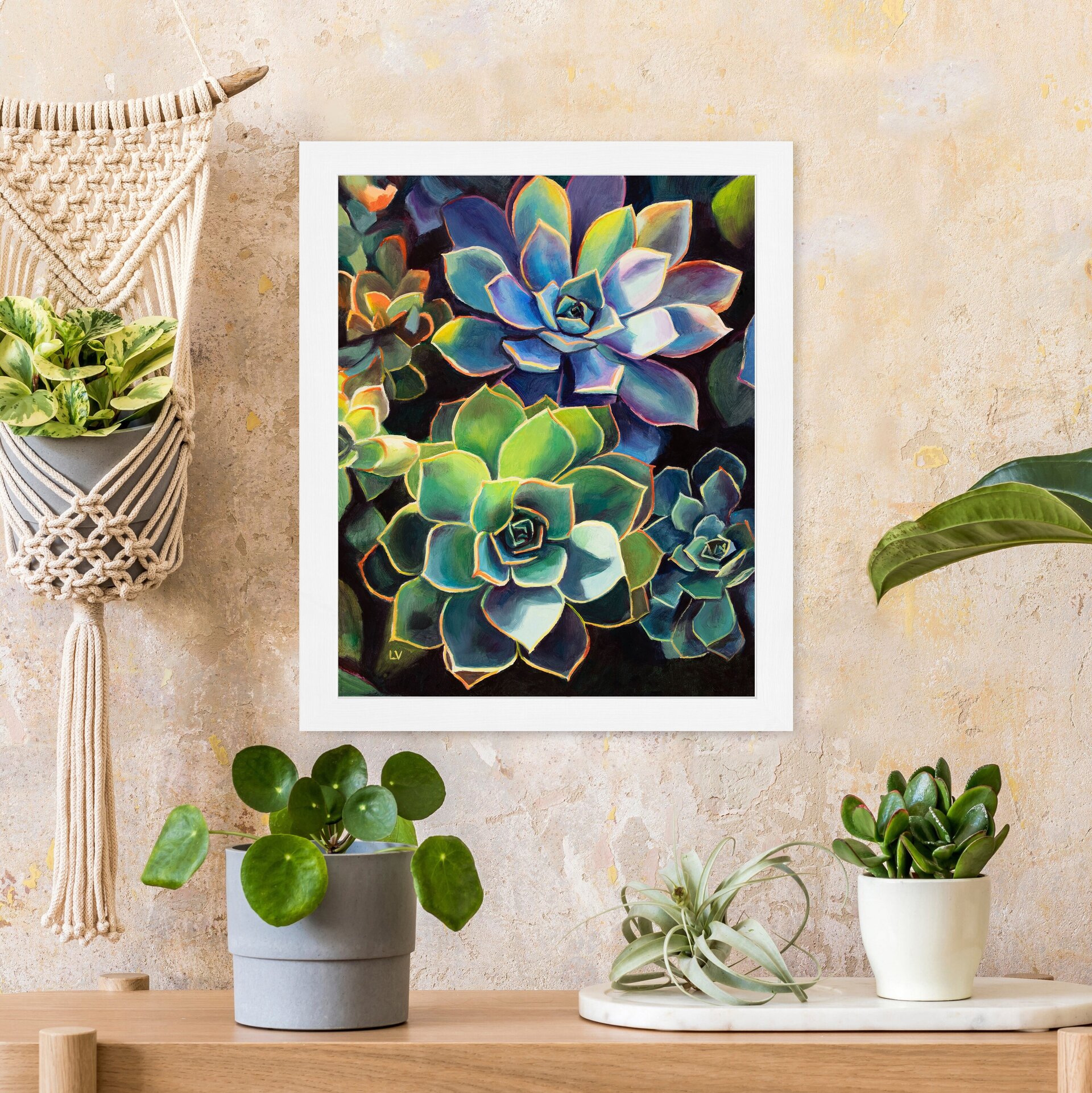 Coloridas plantas suculentas cuadro al óleo, Pintura boho floral de cactus - 15