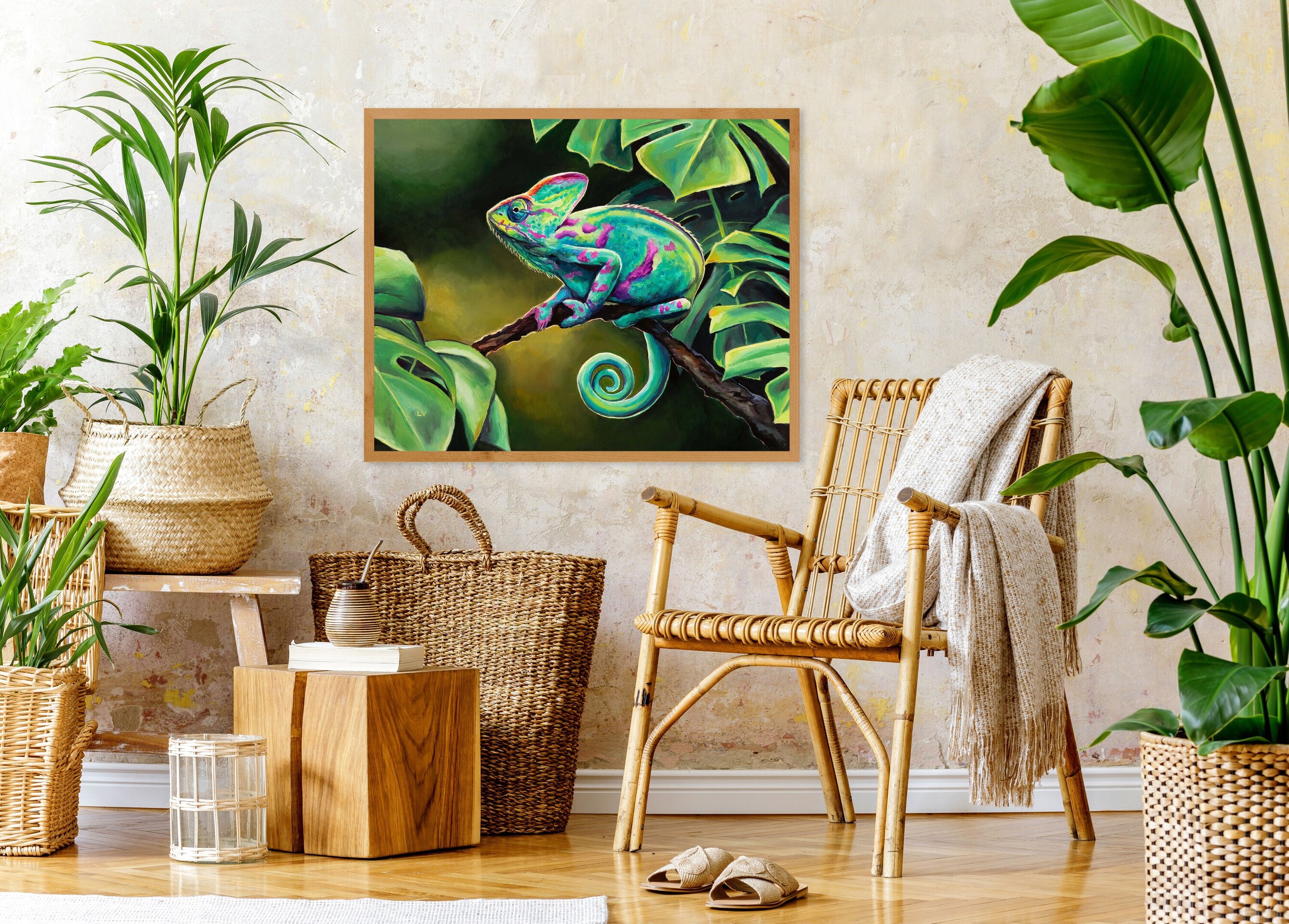 Cuadro al óleo de camaleón verde en la selva, Pintura realista animales salvajes - 5