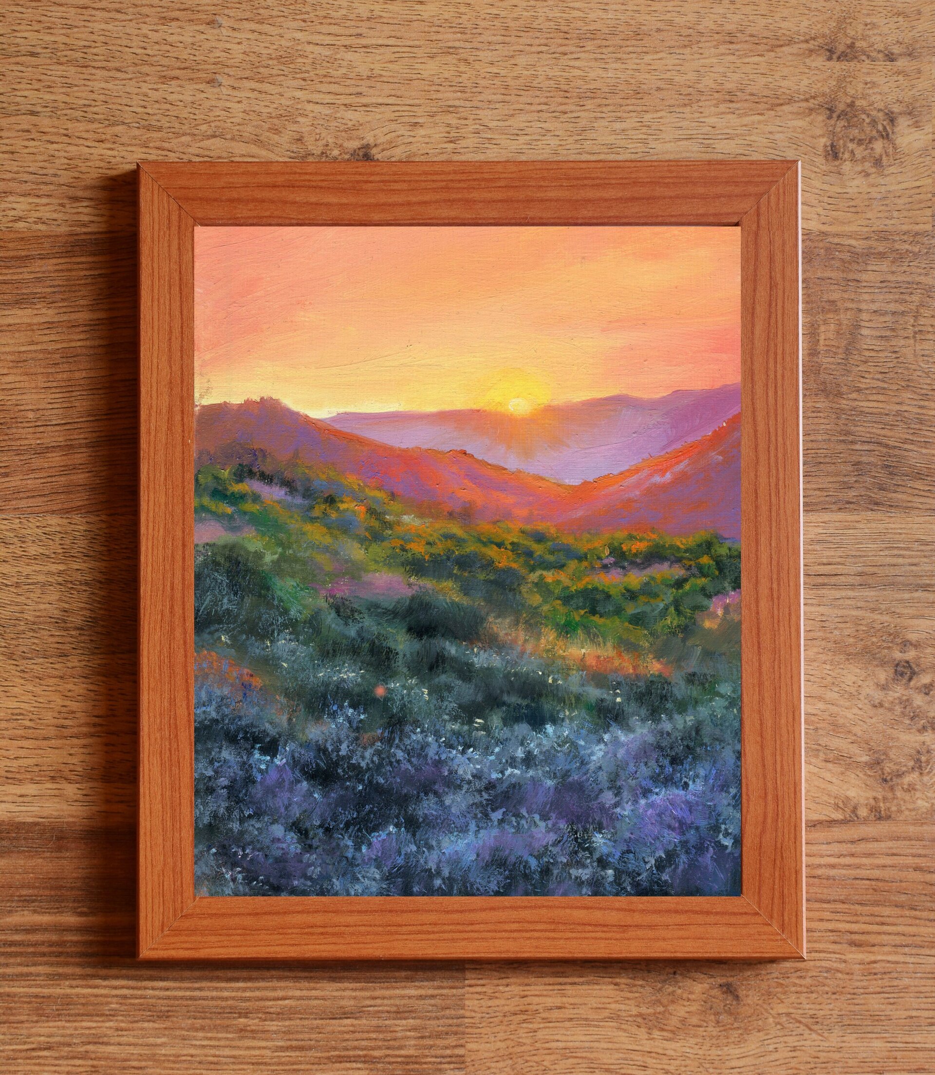 Óleo de desierto con colores intensos naranjas y azules. Montañas y profundidad - 3