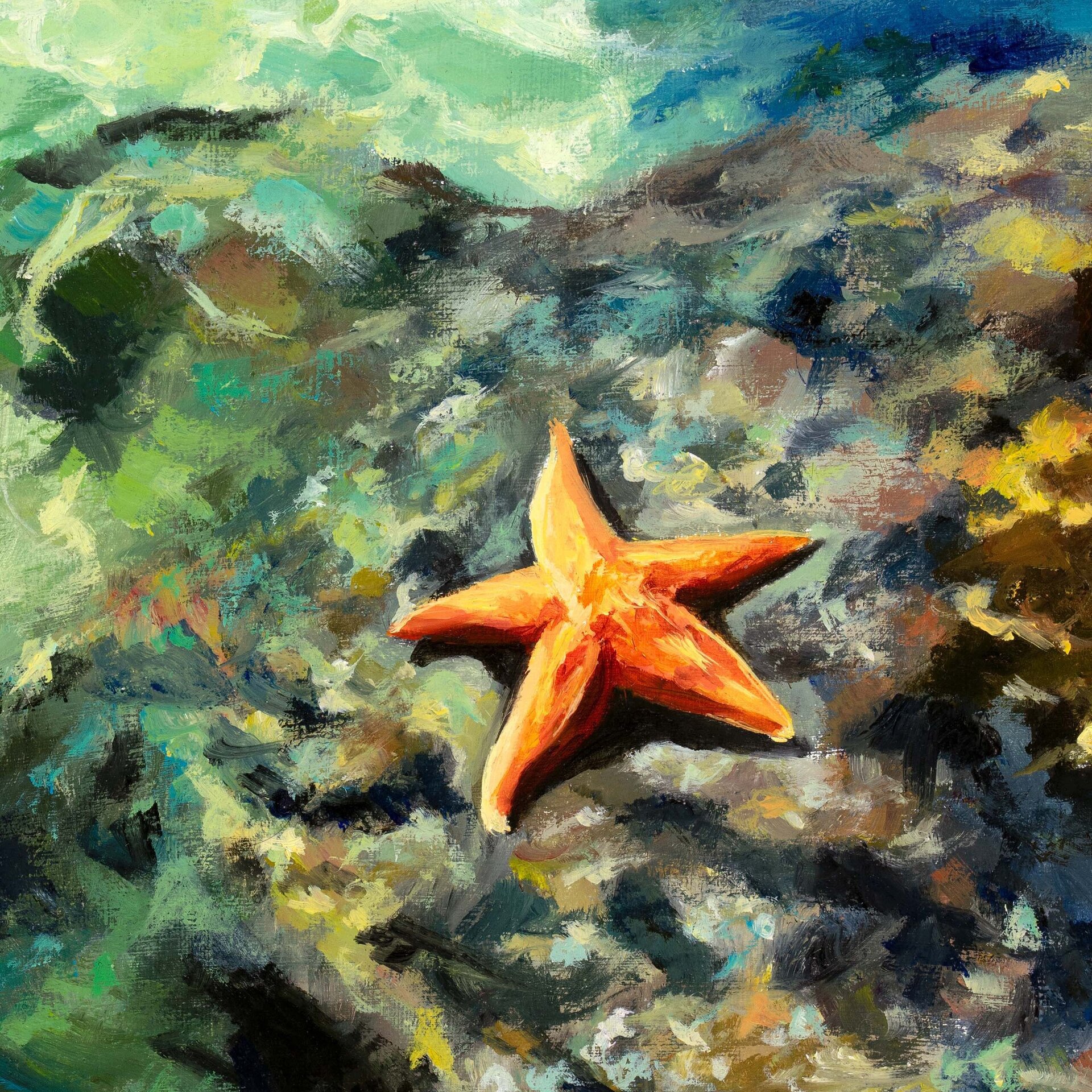 Cuadro al óleo de estrella de mar, Paisaje de océano con rocas, agua y olas - 7