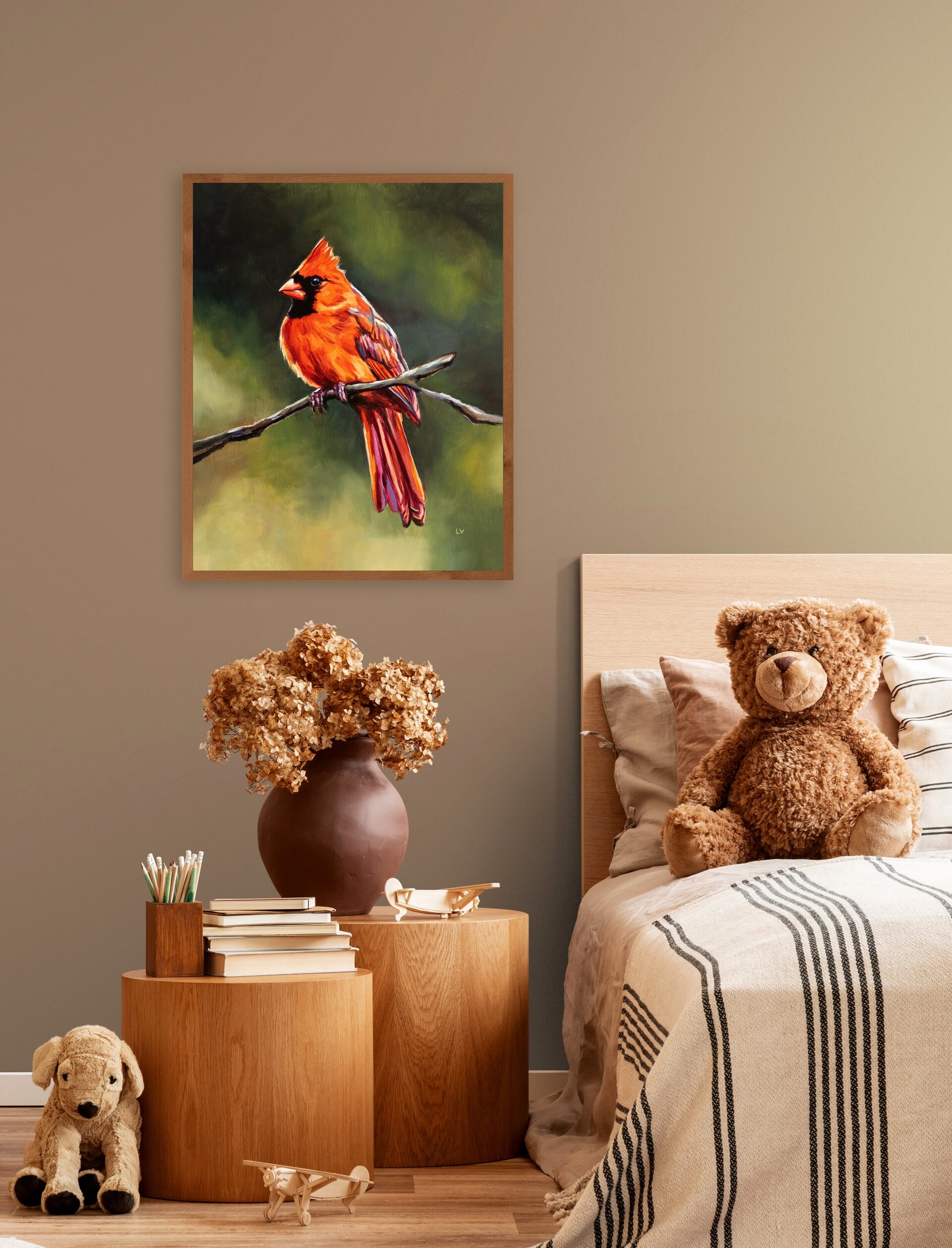 Retrato al óleo de un pajaro cardenal rojo sobre una rama, Pintura de animales - 5