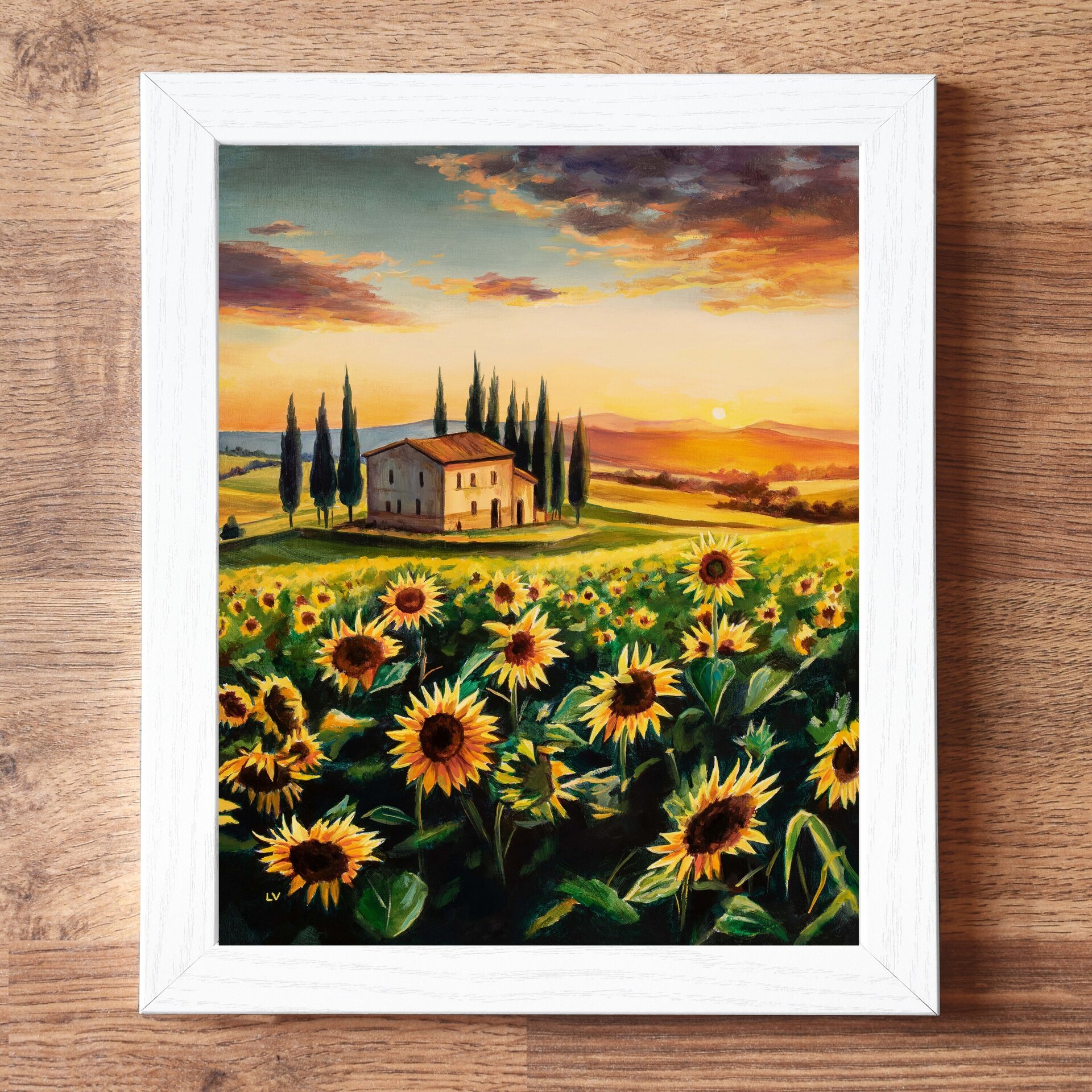 Cuadro al óleo de un paisaje de campo de girasoles en la Toscana al atardecer - 4